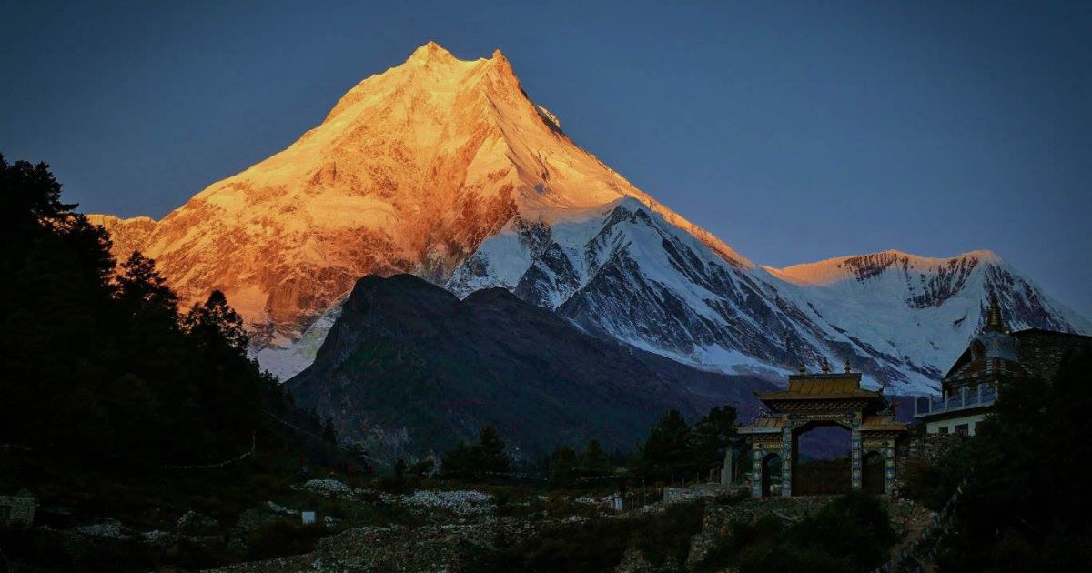 Buddhist temple in Lho and east face of Manaslu