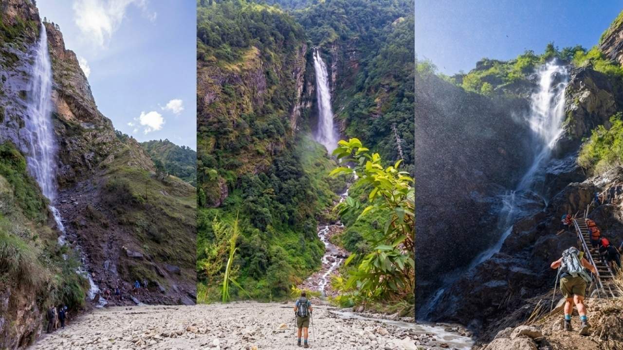 waterfall during trail in july manaslu